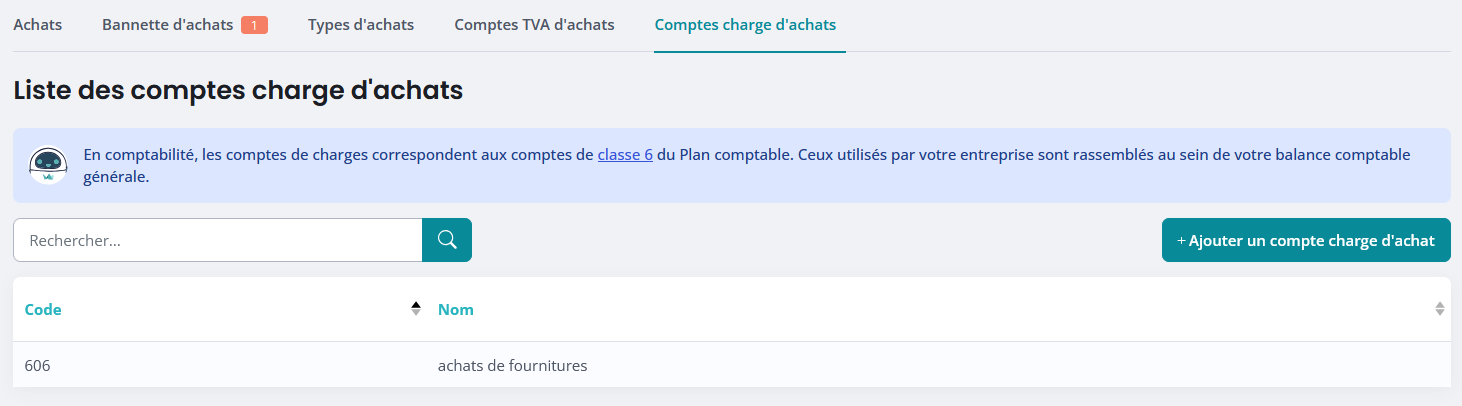 Liste comptes charge achats