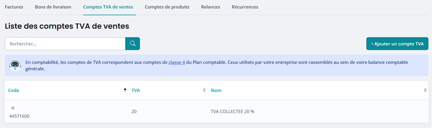 Liste comptes tva ventes